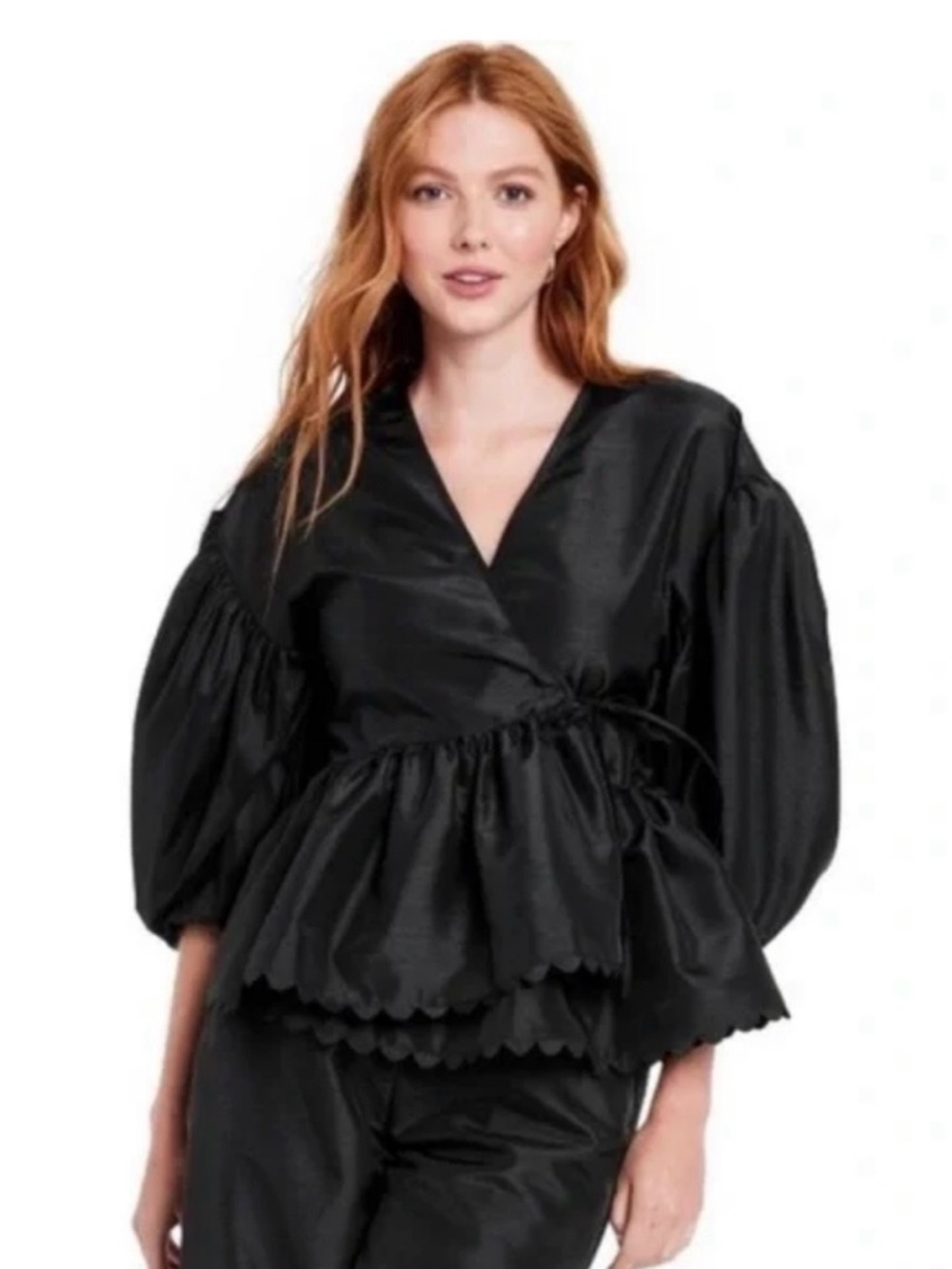 Kika Vargas Black Puff-Sleeve Wrap Peplum Top with Scalloped Hem Size M